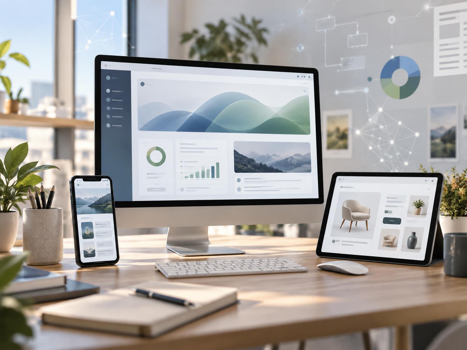A modern workspace with a desktop dashboard, mobile app, tablet e-commerce storefront, and strategy diagrams in the background